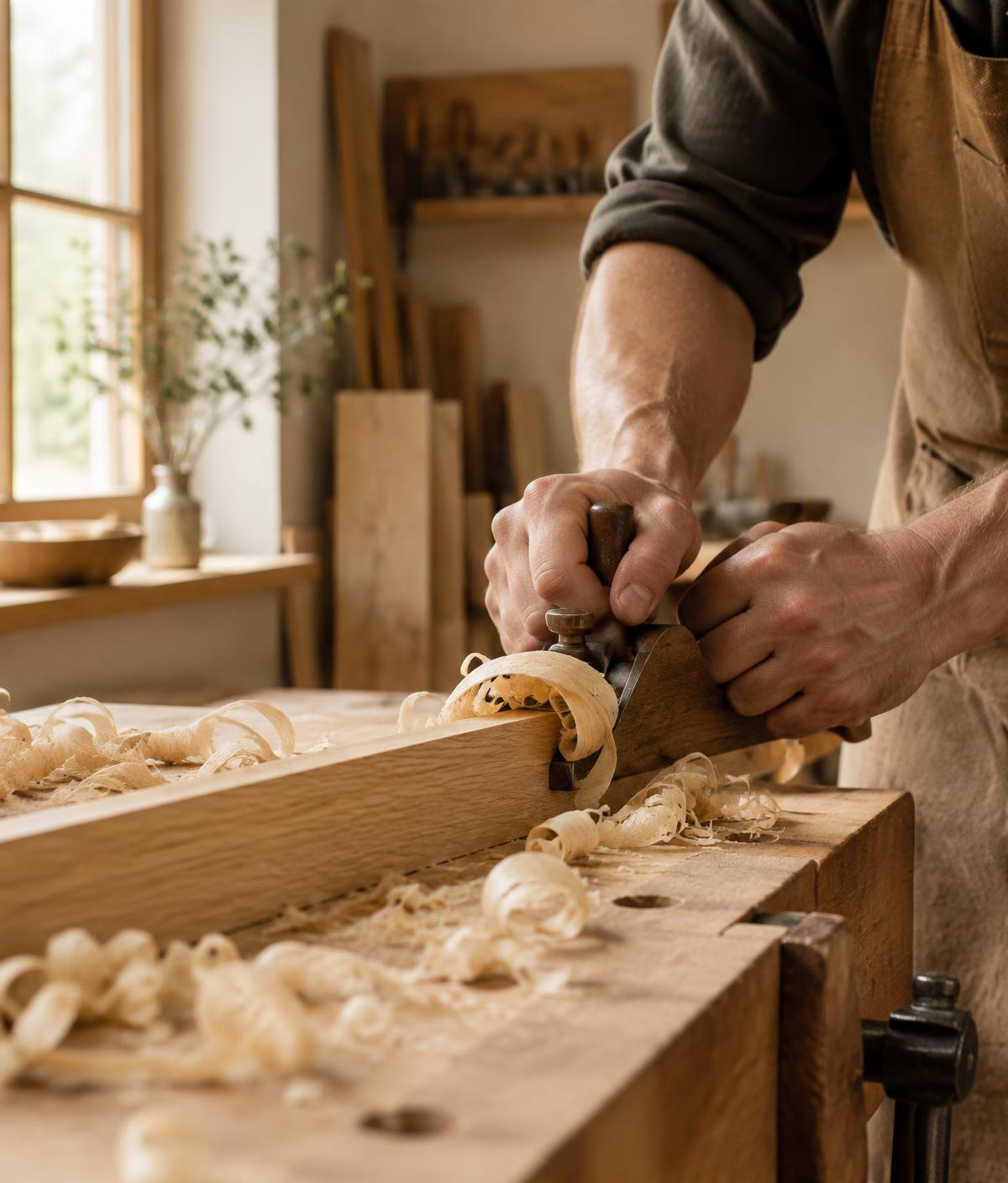 Artigiano al lavoro su una tavola di rovere